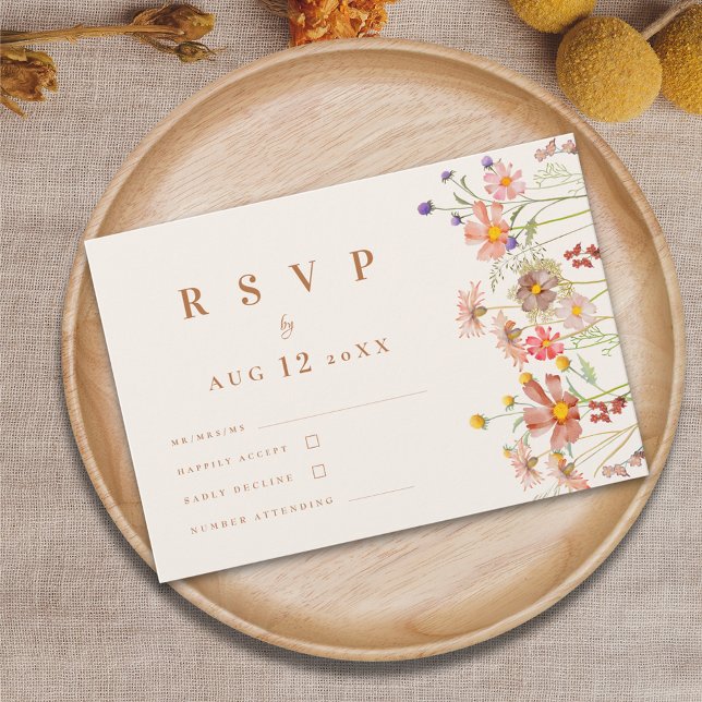 Terrakotta Boho Höst Vildblomma Blommig Bröllop OSA Kort (Boho fall Wildflower Wedding rsvp card watercolor autumn florals beige terracotta burnt orange )