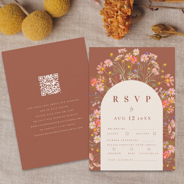 Terrakotta Boho Höst Vildblomma Blommig Måltidsalt OSA Kort (Terracotta and beige boho fall wildflower rustic floral arch wedding meal options and qr code rsvp )
