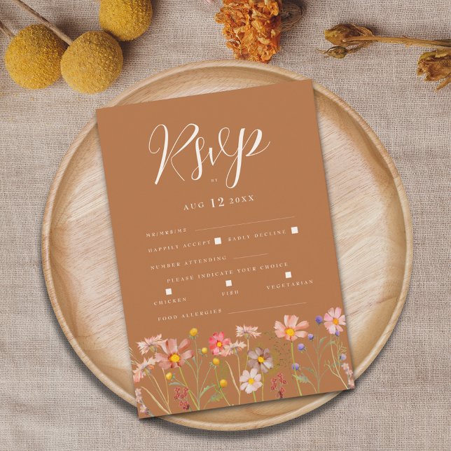 Terrakotta Boho Höstblomma Måltidsalternativ OSA Kort (Boho fall wildflower terracotta beige cream wedding RSVP card watercolor florals elegant script)