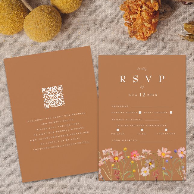 Terrakotta Boho Höstblomma Måltidsalternativ OSA Kort (Terracotta boho fall floral wedding rsvp with website qr code Watercolor wildflowers elegant modern)