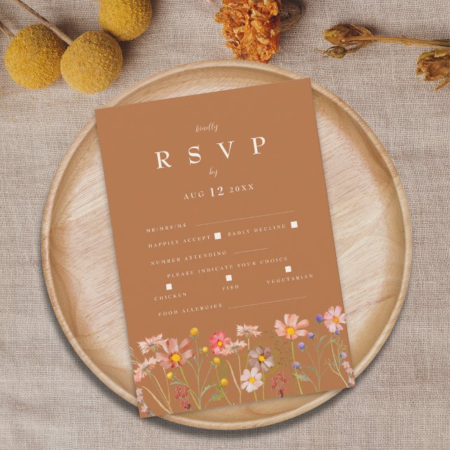 Terrakotta Boho Höstblomma Måltidsalternativ OSA Kort (Terracotta boho fall floral wedding rsvp card With meal choices and food allergies. Watercolor)