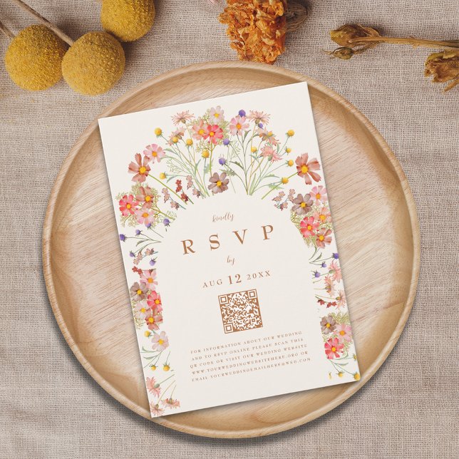 Terrakotta Boho Höstblomma Måltidsalternativ OSA Kort (Boho fall Wildflower floral arch Wedding RSVP website QR code watercolor autumn flowers terracotta )