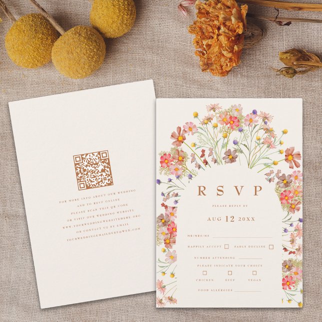 Terrakotta Boho Höstblomma Måltidsalternativ OSA Kort (Terracotta Boho fall floral wedding rsvp card with website qr code)