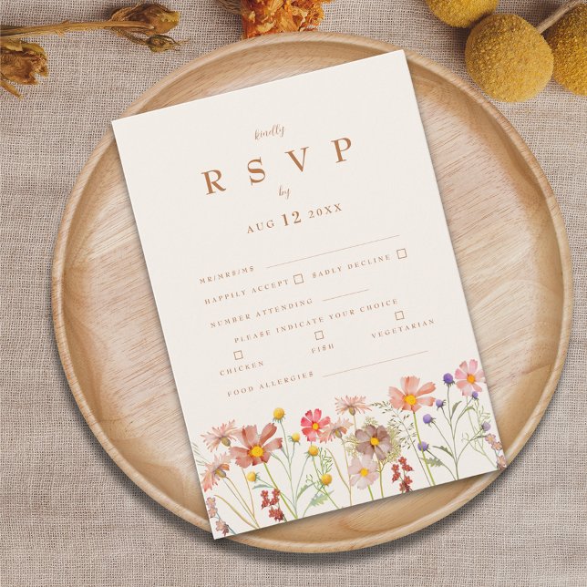 Terrakotta Boho Höstblomma Måltidsalternativ OSA Kort (Boho fall wildflower wedding rsvp card with autumn watercolor florals and elegant terracotta script)