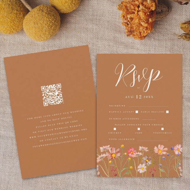 Terrakotta Boho Höstblomma Måltidsalternativ QR-ko OSA Kort (Terracotta boho fall floral wedding rsvp with website qr code Watercolor wildflowers elegant script)