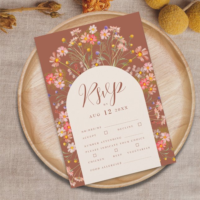 Terrakotta Boho Höstbröllop OSA Kort (Boho fall wildflower rustic terracotta and beige wedding rsvp card)