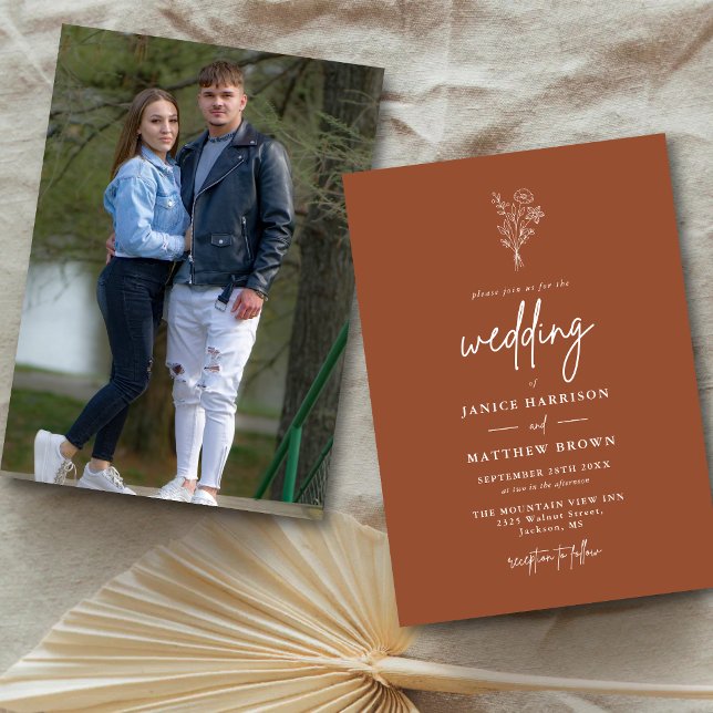 Terrakotta Boho Minimalistisk Botanisk Foto Bröllo Inbjudningar (Terracotta boho botanical photo invitation adds a warm, personal touch to your wedding day)