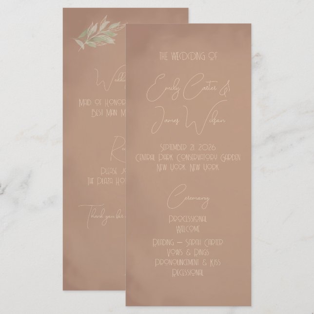 Terrakotta Boho Minimalistisk Bröllop Program (Fram/baksida)