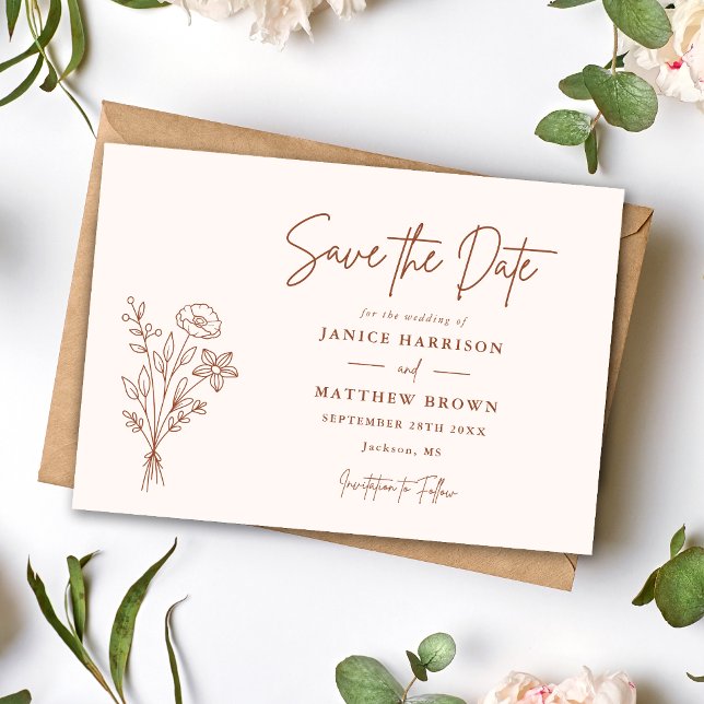 Terrakotta Boho Minimalistisk Elegant Foto Bröllop Spara Datumet (Terracotta boho photo save the date adds warm elegance while announcing your wedding beautifully.)