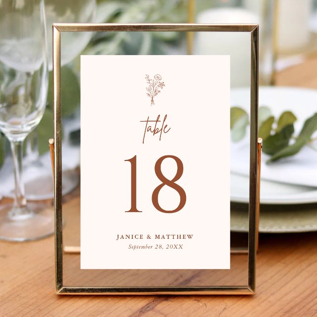 Terrakotta Boho Minimalistiska Botaniska Bröllop Bordsnummer (Terracotta boho botanical table number adds earthy warmth while guiding guests with ease.)