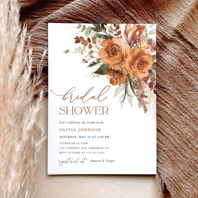 Terrakotta Boho Ros Blommig Bröllopsdusch Inbjudningar (Terracotta boho rose floral bridal shower invitation, watercolor flowers, pampas grass invites)