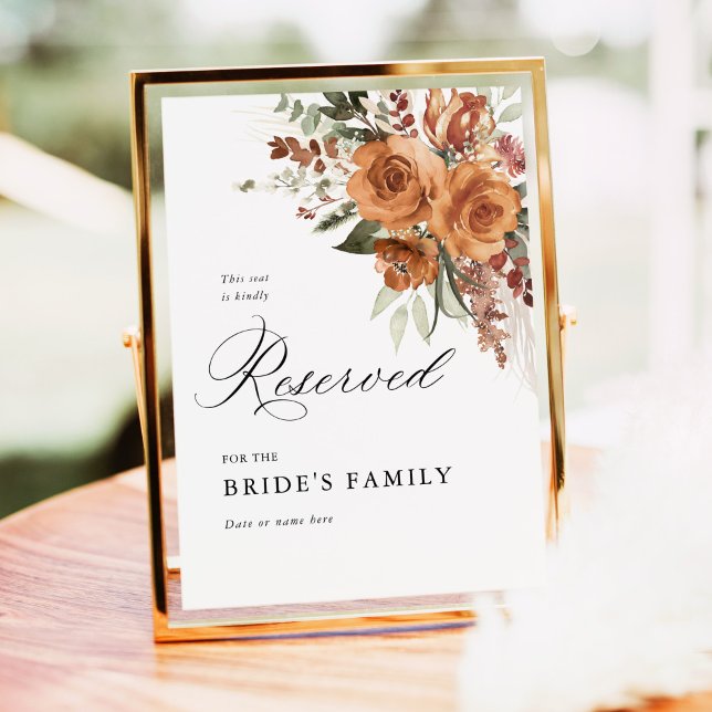 Terrakotta Boho Rose Blommig Bröllop Reserverad Sk Poster (Terracotta rose floral reserved wedding sign for bride’s family, elegant boho garden seating décor)