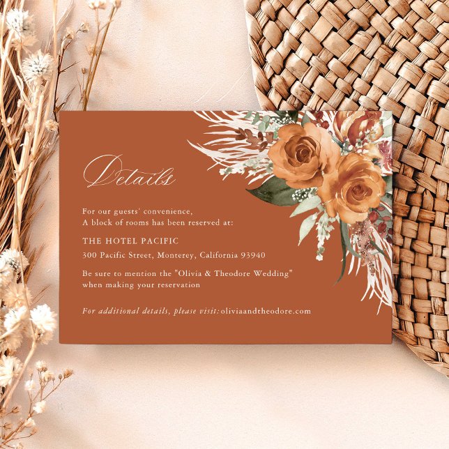 Terrakotta Boho Rose Blommig Bröllopsinformation H Tilläggskort (Terracotta boho rose floral hotel details card wedding stationery pampas, watercolor, modern classic)