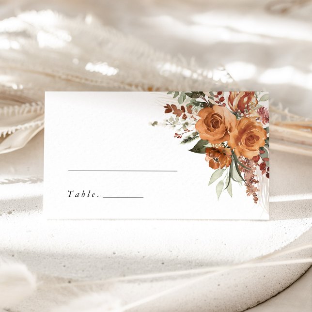 Terrakotta Boho Rose Blommig Bröllopsnamn Placeringskort (Terracotta boho floral wedding place card with watercolor roses, elegant table name card)