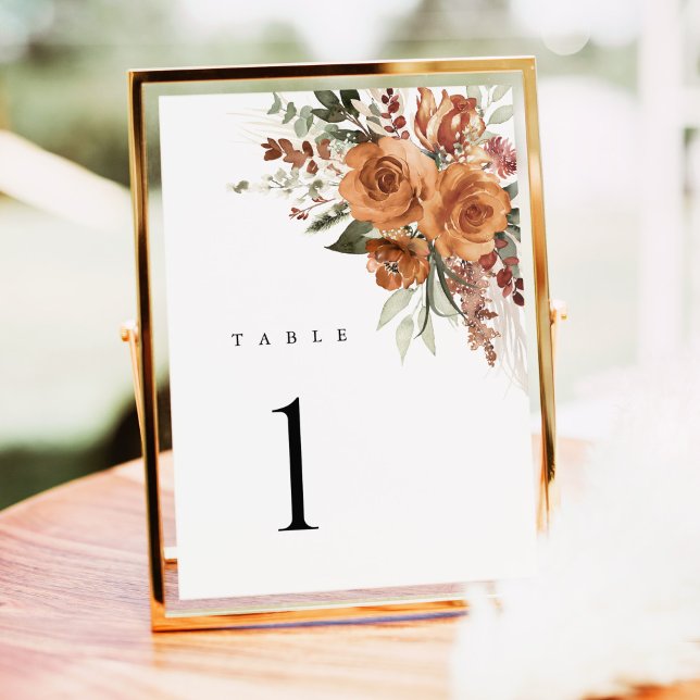 Terrakotta Boho Rose Blommiga Bröllops Bordnummer (Terracotta rose floral wedding table number card with watercolor, elegant boho table, gold frame)