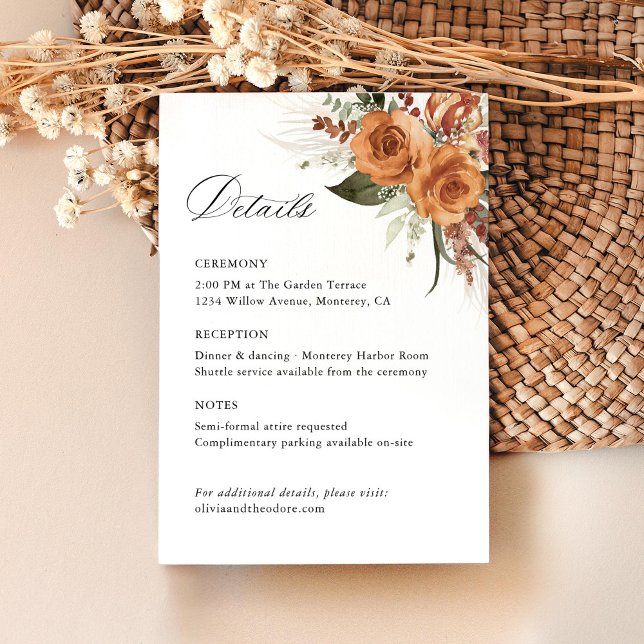 Terrakotta Boho Rose Bröllopsdetaljer, Ceremoni Tilläggskort (Terracotta rose floral wedding details card, boho garden wedding stationery with watercolor, pampas)