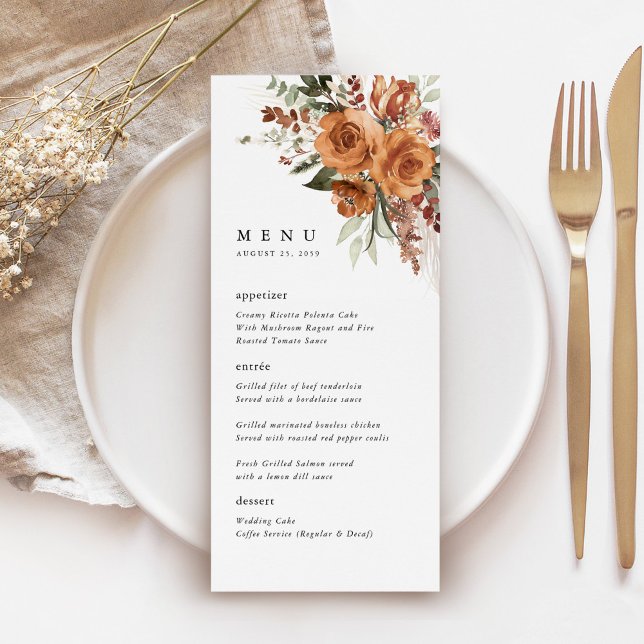 Terrakotta Boho Rose Bröllopsmottagning Middag Meny (Terracotta rose floral wedding menu card with watercolor roses, elegant typography, table setting)