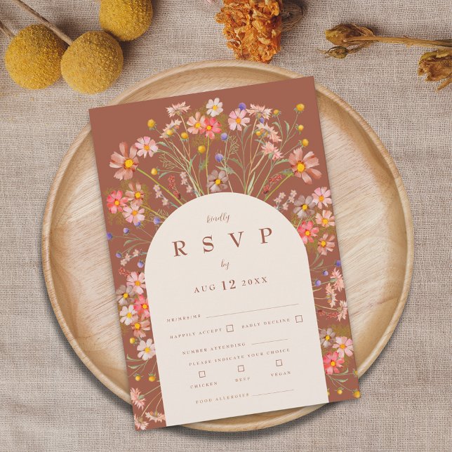 Terrakotta Boho Rustik Blommig Båge Måltidsalterna OSA Kort (Terracotta burnt orange beige boho rustic wildflower floral arch fall wedding RSVP card Watercolor )