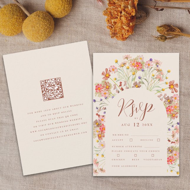 Terrakotta Boho Rustik Blommig Bröllopsmeny Altern OSA Kort (Boho fall rustic wildflower floral arch qr code wedding rsvp card Terracotta burnt orange and beige )