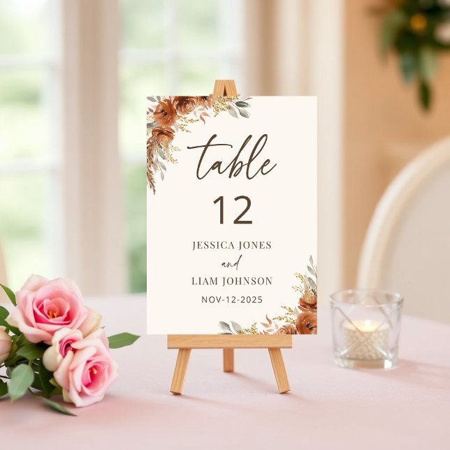Terrakotta Boho Rustik Höst Blommig Bröllop  Bordsnummer (Terracotta Boho Rustic Fall Floral Wedding Table Number)