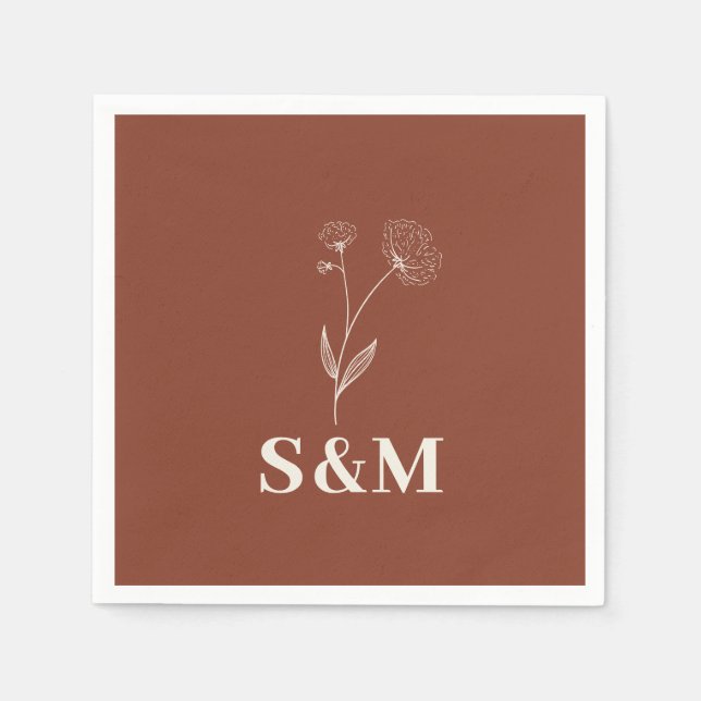 Terrakotta Bomull Blomma Monogram Bröllop Pappersservett (Framsidan)