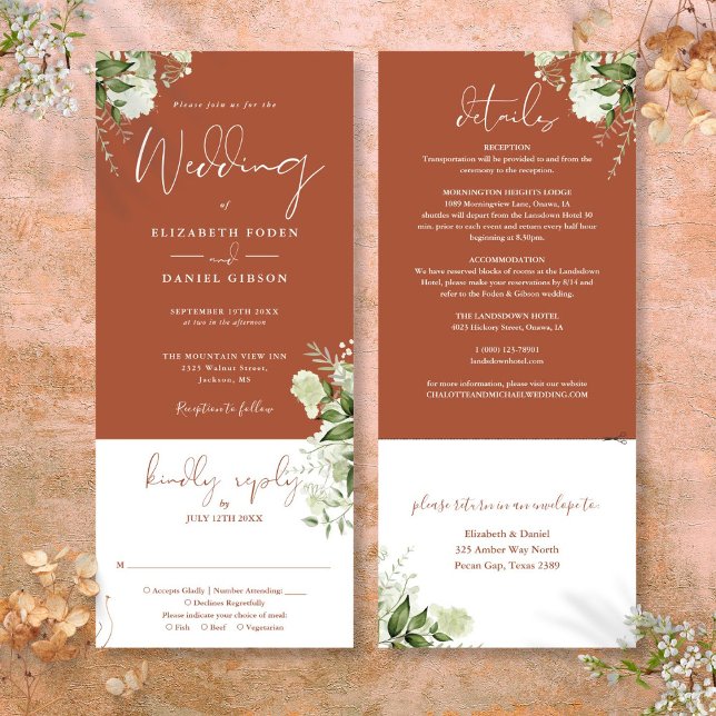 Terrakotta Botaniska Grönska Allt-i-ett Bröllop Inbjudningar (Terracotta Botanical Greenery All In One Wedding Invitation)