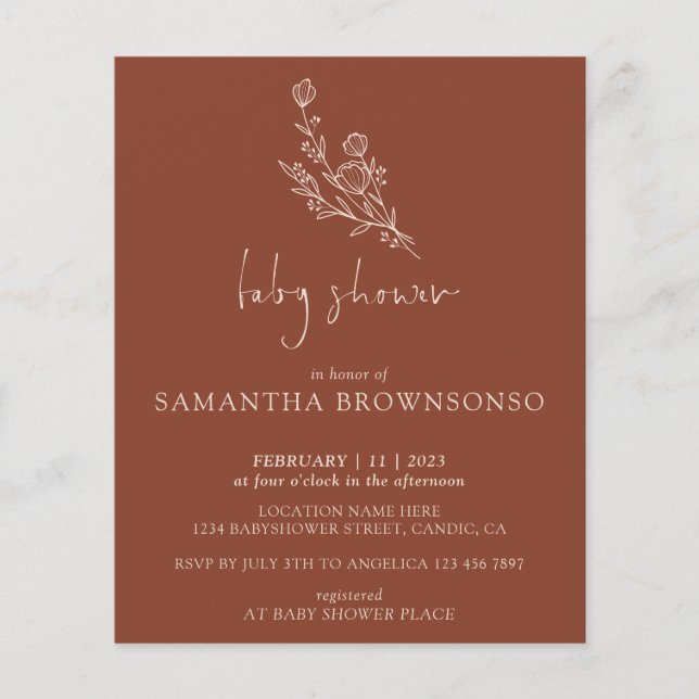 Terrakotta Bouquet Botanisk Budget Barnkalasinbjud Flygblad (Framsidan)