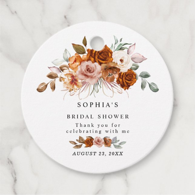 Terrakotta Bränn Orange Blommig Bröllopsfest Gåvor Etiketter (Framsida)