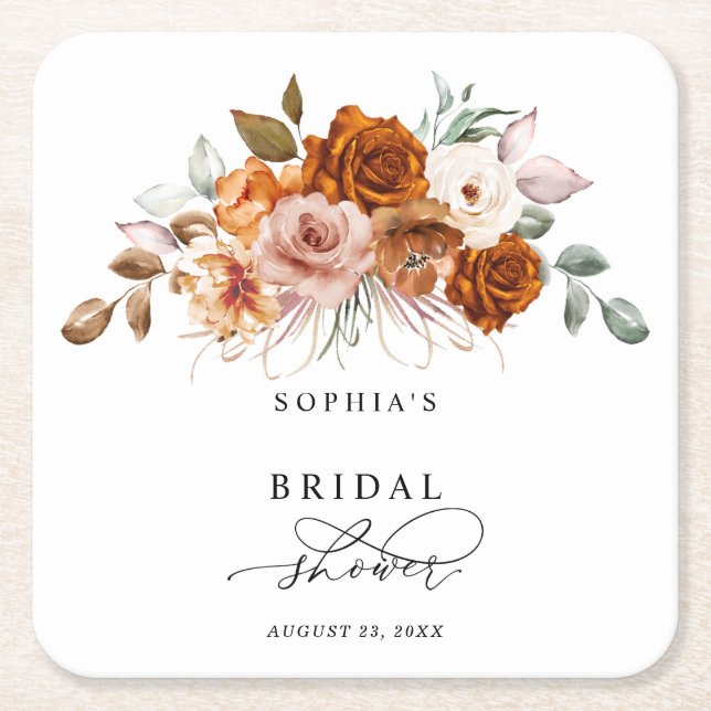 Terrakotta Bränn Orange Blommig Bröllopsfest Underlägg Papper Kvadrat (Framsidan)