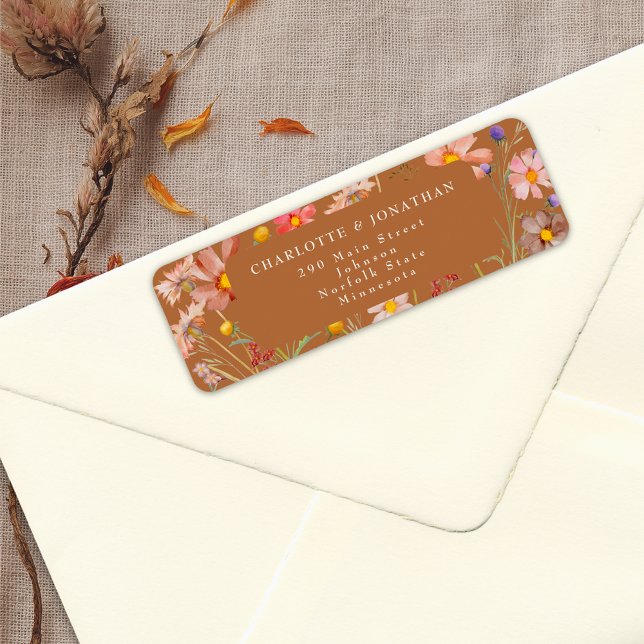 Terrakotta Bränt Orange Boho Höst Blommig Bröllop Returadress Etikett (Terracotta burnt orange elegant boho floral fall wedding return address label watercolor wildflowers)
