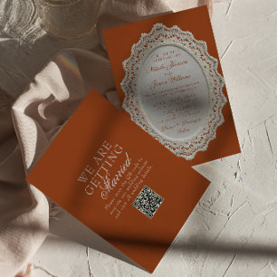 Terrakotta Bränt Orange Spetsdoily QR-kod Bröllop Inbjudningar