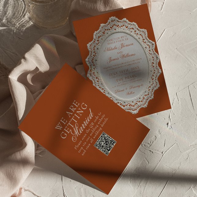 Terrakotta Bränt Orange Spetsdoily QR-kod Bröllop Inbjudningar (Skapare uppladdad)