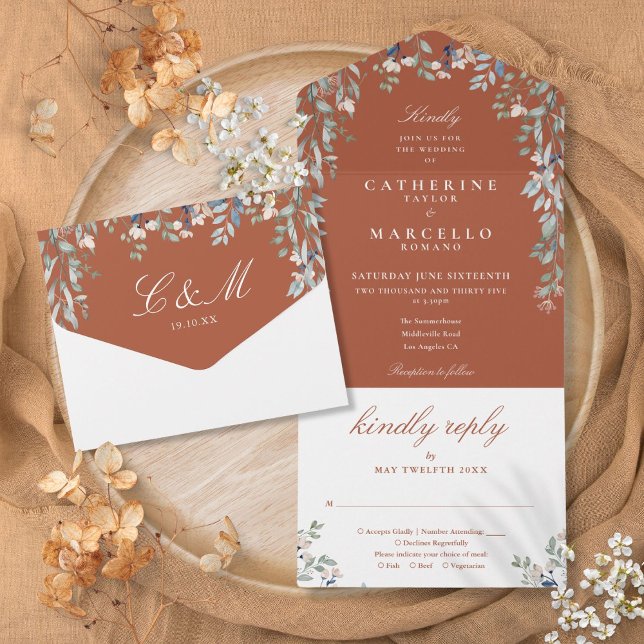 Terrakotta Bröllop Floral Grönska Kaskad (Floral Greenery Cascade Terracotta Wedding All In One Invitation)