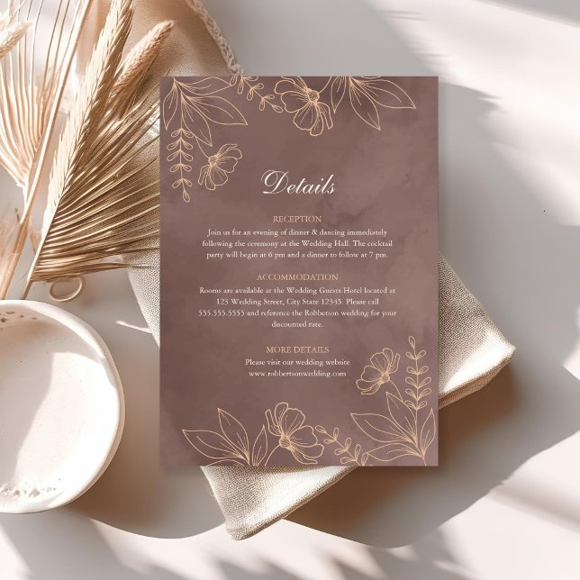 Terrakotta Bröllopsdetaljkort för Vilda Blommor i  Inbjudningar (Terracotta Wildflower Blossom Wedding Details Card on a sunny boho table.)