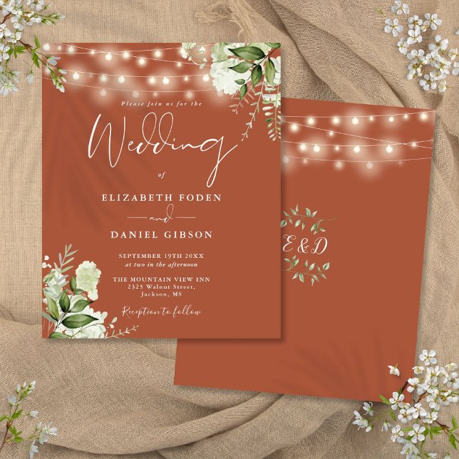 Terrakotta bröllopsinbjudan med budget blomljus (Budget Floral Lights Terracotta Wedding Invitation)