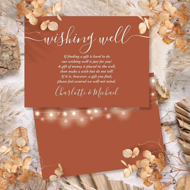 Terrakotta bröllopsljus med önskebrunn tilläggskort (Wishing Well String Lights Terracotta Wedding Enclosure Card)
