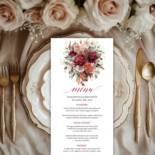 Terrakotta Burgundy Guld Blommig Höst Design bröll Meny (Terracotta Burgundy Gold Floral Fall Design wedding menu

)
