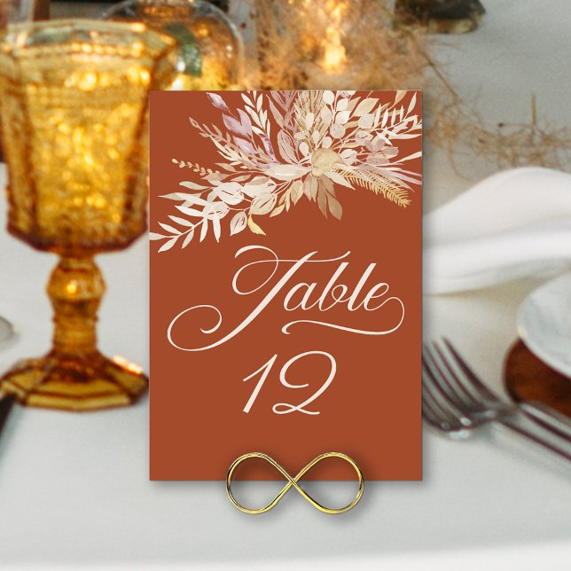 Terrakotta Cream Botanisk Lövverk Bordskort (Wedding Table Number in terracotta and cream with elegant calligraphy and foliage)
