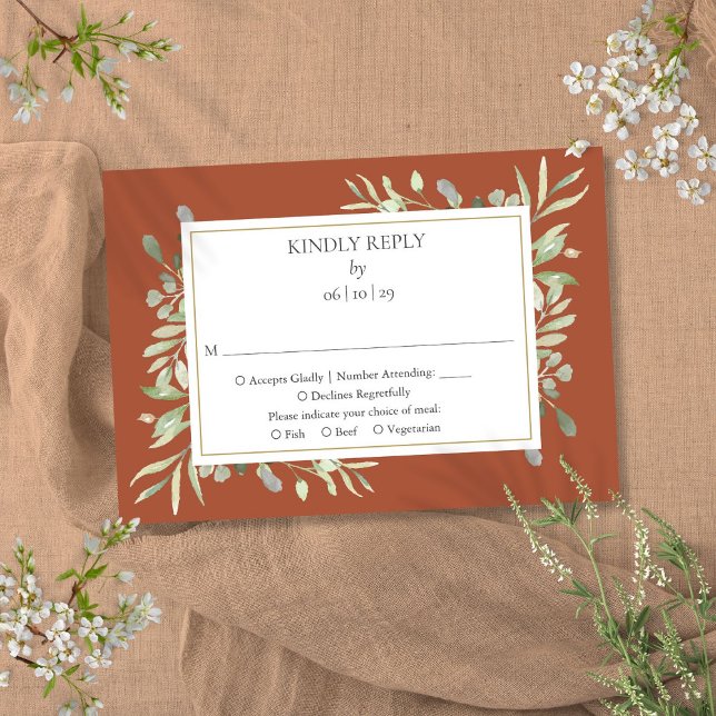 Terrakotta Elegant Akvarell Grönska OSA Kort (Terracotta Elegant Watercolour Greenery RSVP Card)