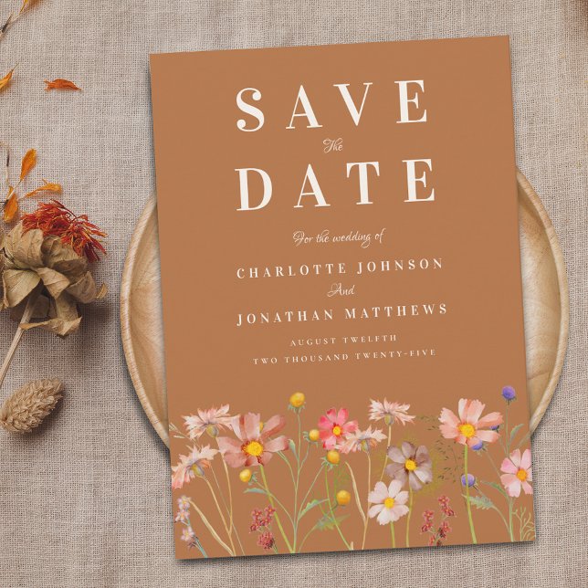 Terrakotta Elegant Äng med Vilda Blommor Bröllop Spara Datumet (Terracotta Elegant Wildflower fall Wedding save the date)