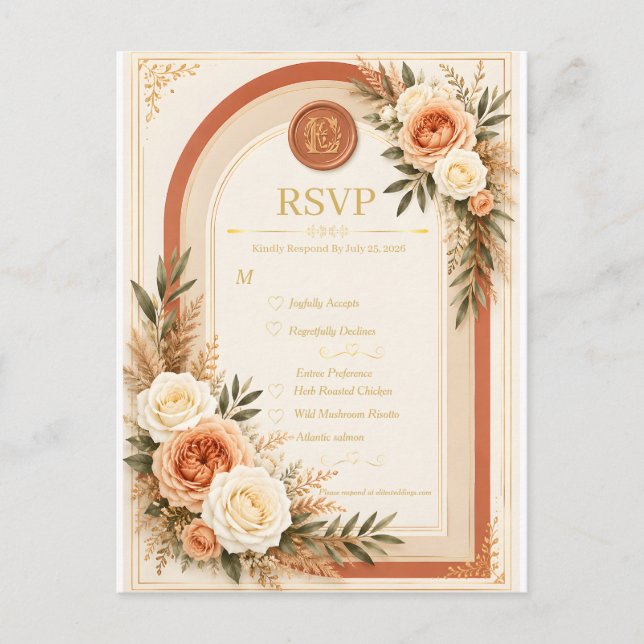 Terrakotta Elfenbens Blommig Båge Bröllop RSVP-kor Vykort (Framsida)