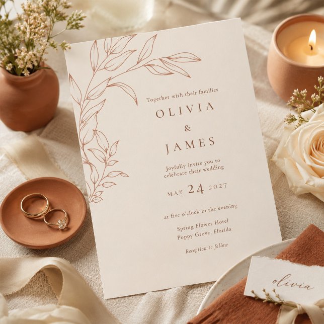 Terrakotta Elfenbens Botanisk Bröllopsinbjudan Inbjudningar (Terracotta Ivory Botanical Wedding Invitation)