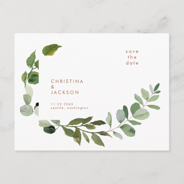 Terrakotta Eucalyptus Bröllop Spara Datum Vykort (Framsida)
