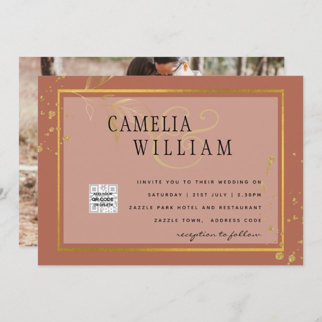 Terrakotta FOTO QR-KOD Bröllopsinbjudan Spara datu (Fram/baksida)