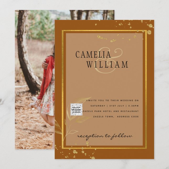 Terrakotta FOTO QR-KOD Bröllopsinbjudan Spara Datu Inbjudningar (Fram/baksida)