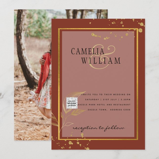 Terrakotta FOTO QR-KOD Bröllopsinbjudan Spara datu Inbjudningar (Fram/baksida)