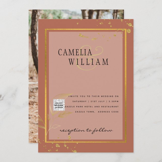 Terrakotta FOTO QR-KOD Bröllopsinbjudan Spara datu Inbjudningar (Fram/baksida)
