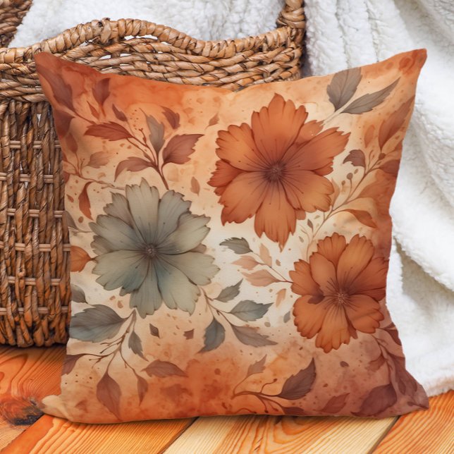 Terrakotta Grå Blommig Varm Jordton  Kudde (Burnt orange floral decorator pillow)