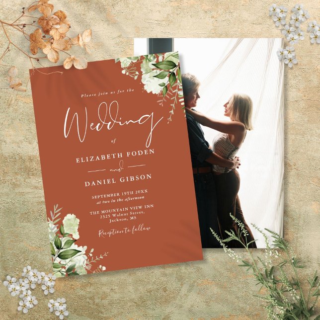 Terrakotta gröna blad Elegant foto bröllop Inbjudningar (Terracotta Greenery Leaves Elegant Photo Wedding Invitation)