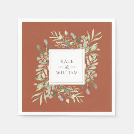 Terrakotta Grönska Akvarell Lövverk Guld Pappersservett